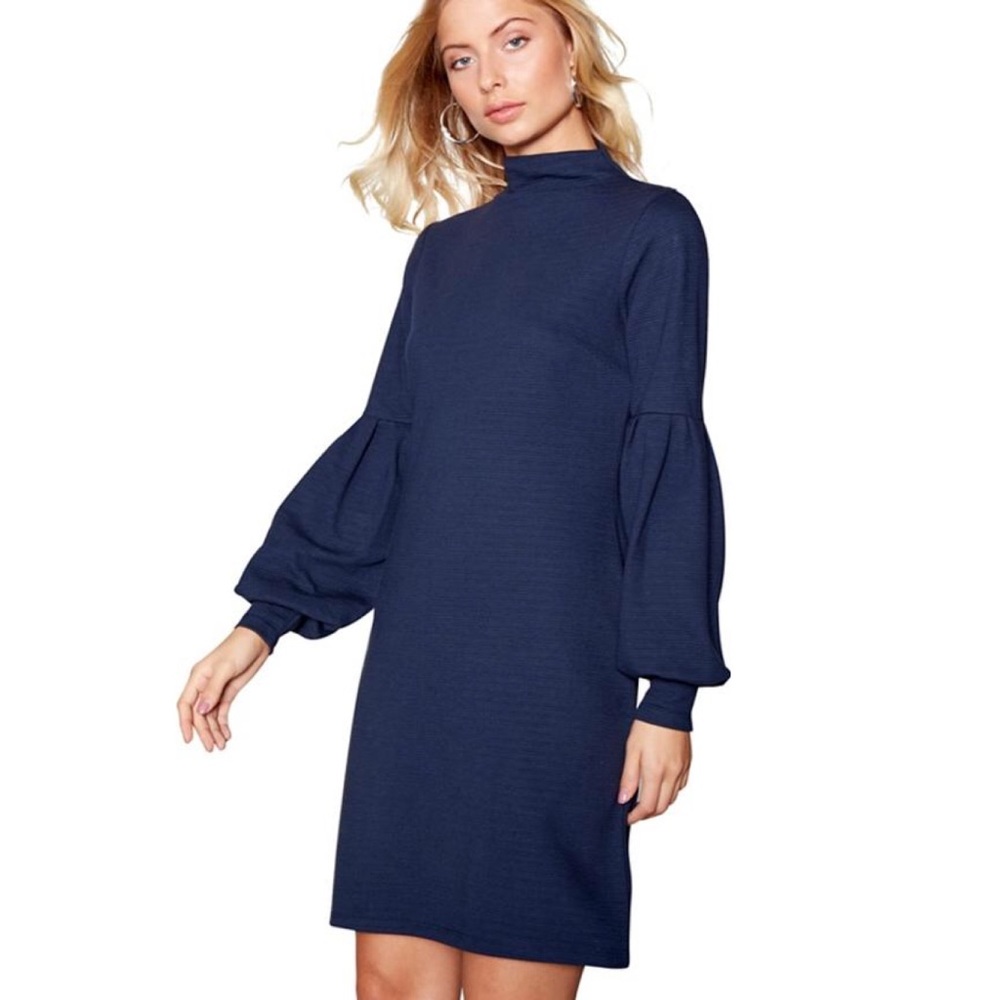 Nine Savannah Miller Jersey Blouson Sleeves High Neck Shift Dress - Navy | 16